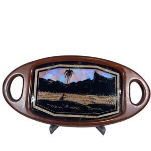 Vintage Iridescent Real Butterfly Wing Artwork Brazil Wood Tray Rio De Janeiro
